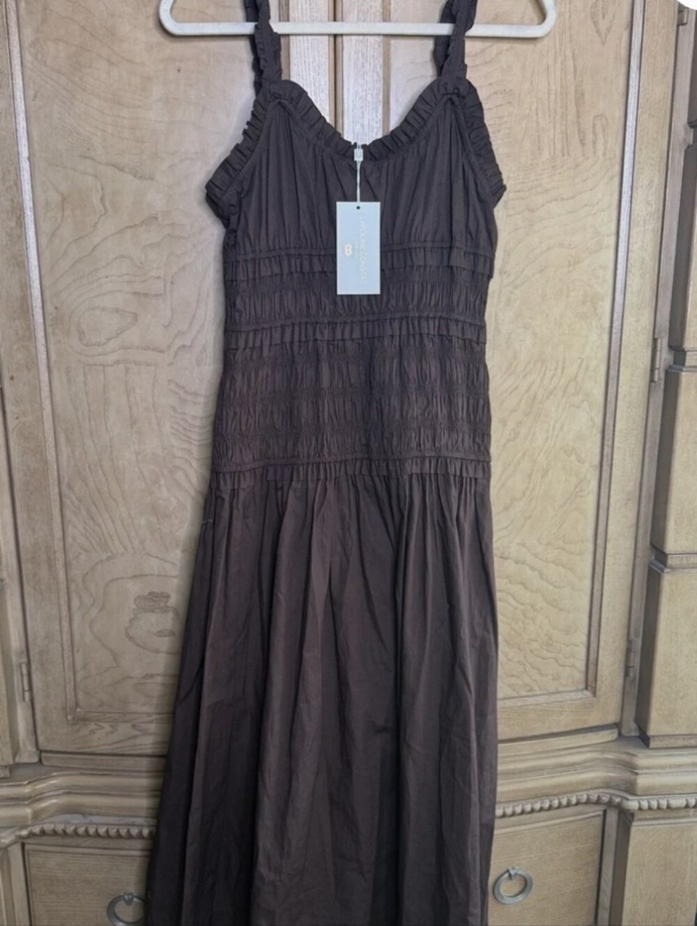 Caroline Constas Chocolate Brown Smocked Maxi Dress Size Large Cotton - Picture 4 of 13